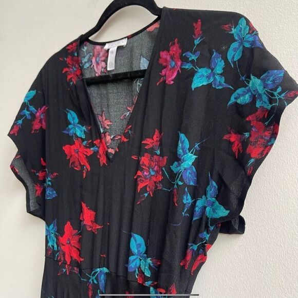 Leith Dark Floral V-neck Shirt Sleeve Maxi Dress w/ Side Slit Size XS - Picture 2 of 8